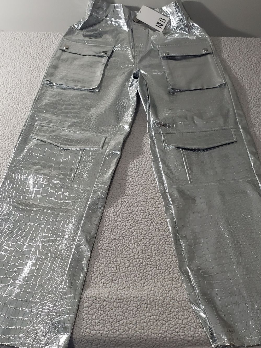 NEW Rebdolls | Lena Metallic Silver Croc Wide Leg Cargo Pants | Womens Medium